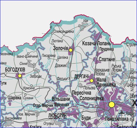 Administratives carte de Oblast de Kharkov de la langue ukrainienne