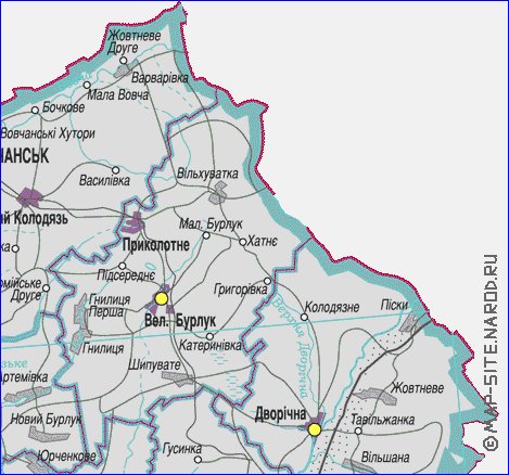 Administratives carte de Oblast de Kharkov de la langue ukrainienne