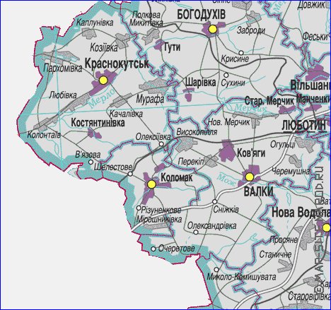 Administratives carte de Oblast de Kharkov de la langue ukrainienne