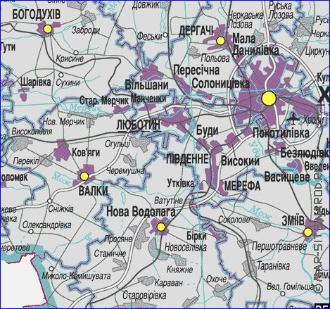 Administratives carte de Oblast de Kharkov de la langue ukrainienne