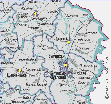 Administratives carte de Oblast de Kharkov de la langue ukrainienne