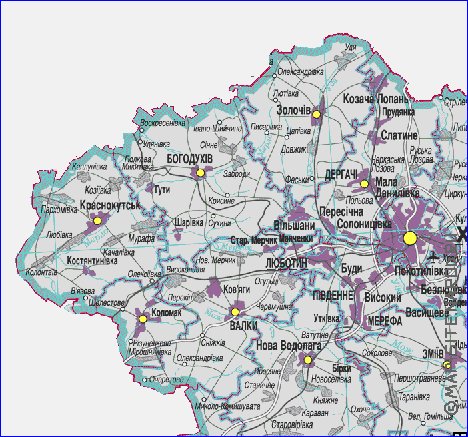 Administratives carte de Oblast de Kharkov de la langue ukrainienne