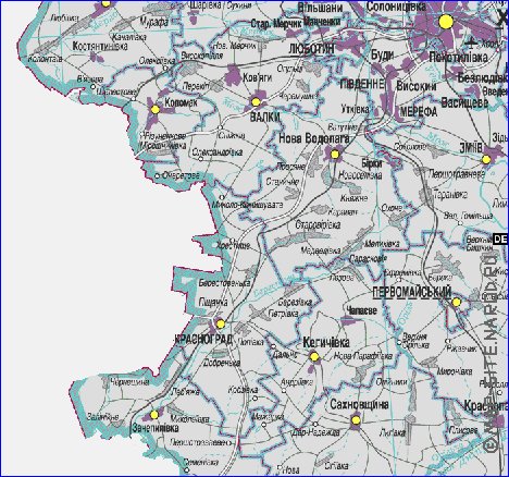 Administratives carte de Oblast de Kharkov de la langue ukrainienne