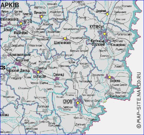 Administratives carte de Oblast de Kharkov de la langue ukrainienne