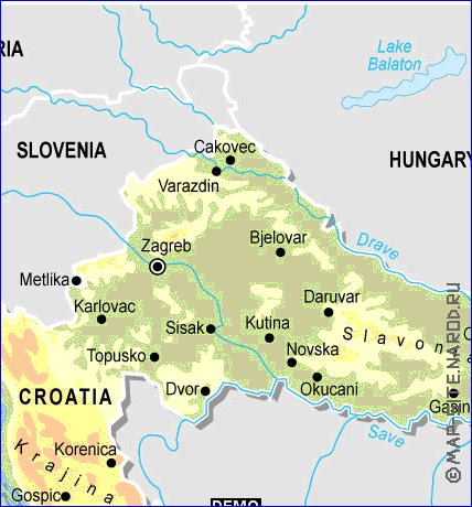 Physique carte de Croatie en anglais