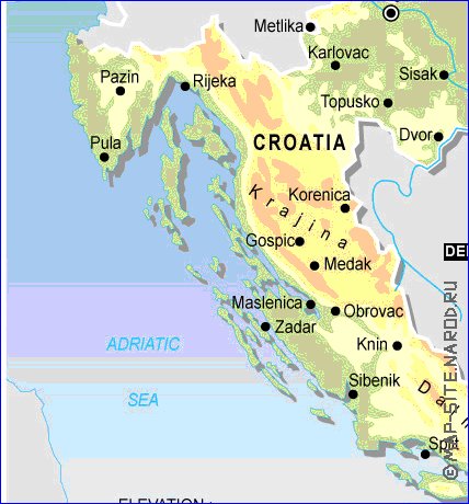 Physique carte de Croatie en anglais