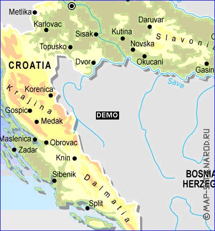Physique carte de Croatie en anglais