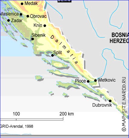 Physique carte de Croatie en anglais