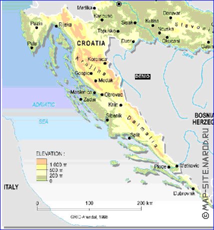 Physique carte de Croatie en anglais