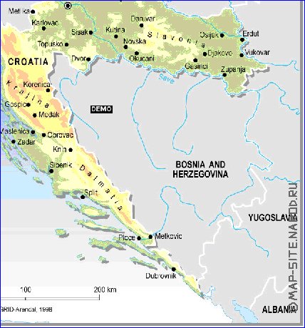 Physique carte de Croatie en anglais